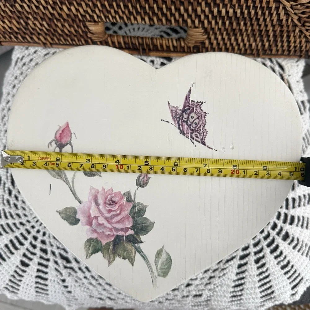 Vintage White Wooden Heart Quilt Wall Hanging Decor Rose & Butterfly Painted 9